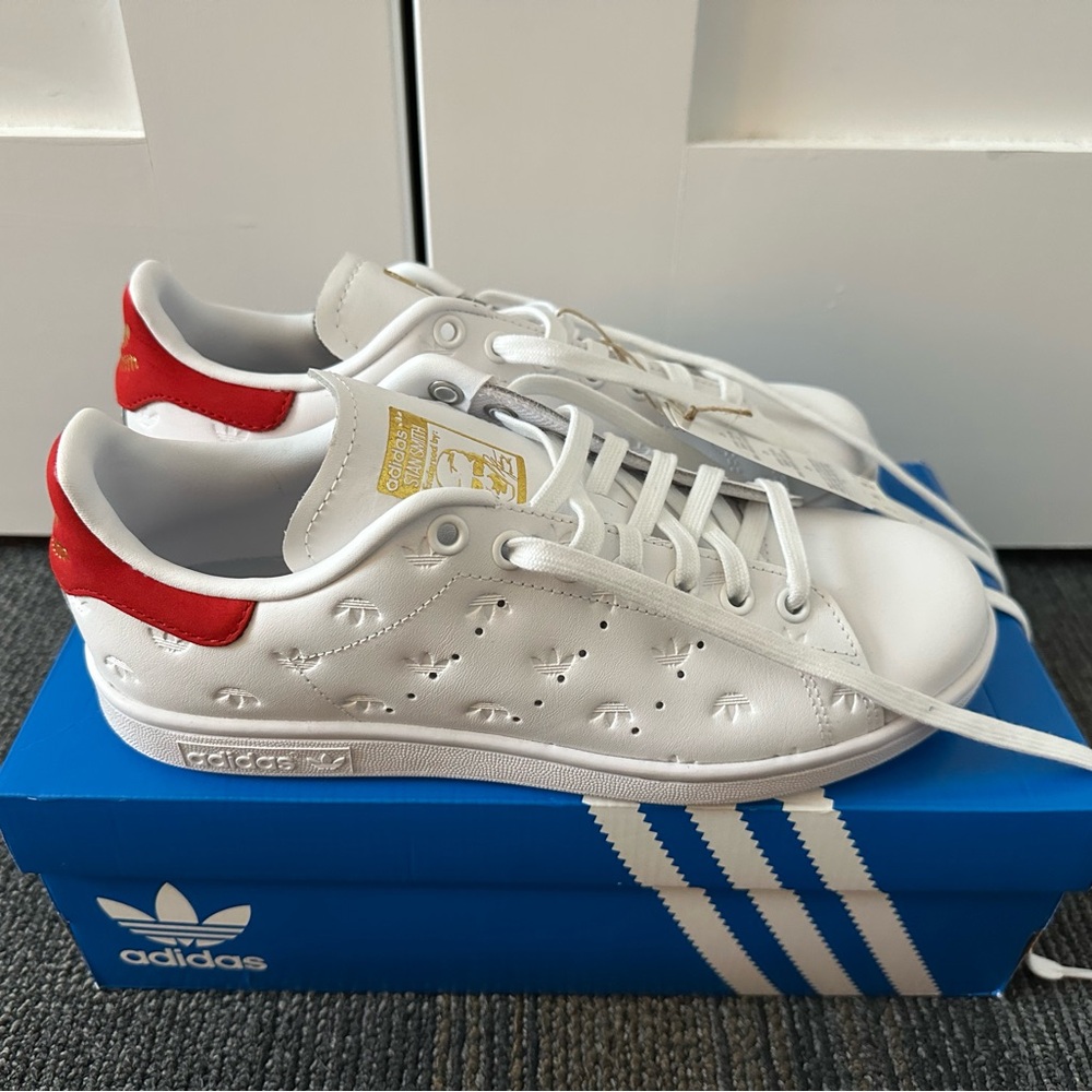 Adidas Stan Smith Unique Red, White, and Gold Sneakers